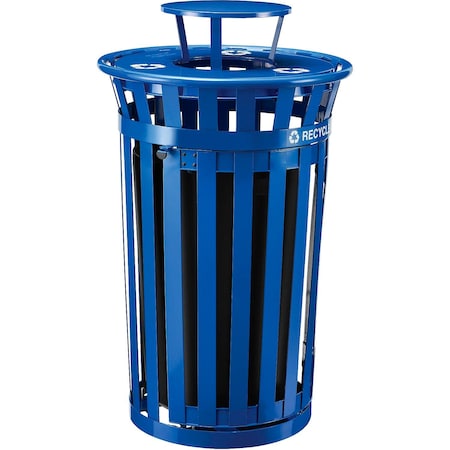 Global Industrial Outdoor Slatted Recycling Can w/Access Door & Rain Lid, 36 Gallon, Blue 261943BL